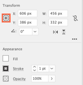 Properties panel. The orange box is the Reference Point grid. The center square should be filled.