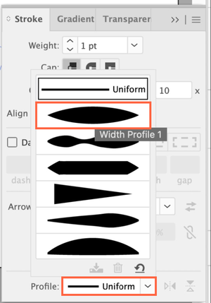 Stroke panel. Open the Profile menu at the bottom and choose the lens shape, Width Profile 1.